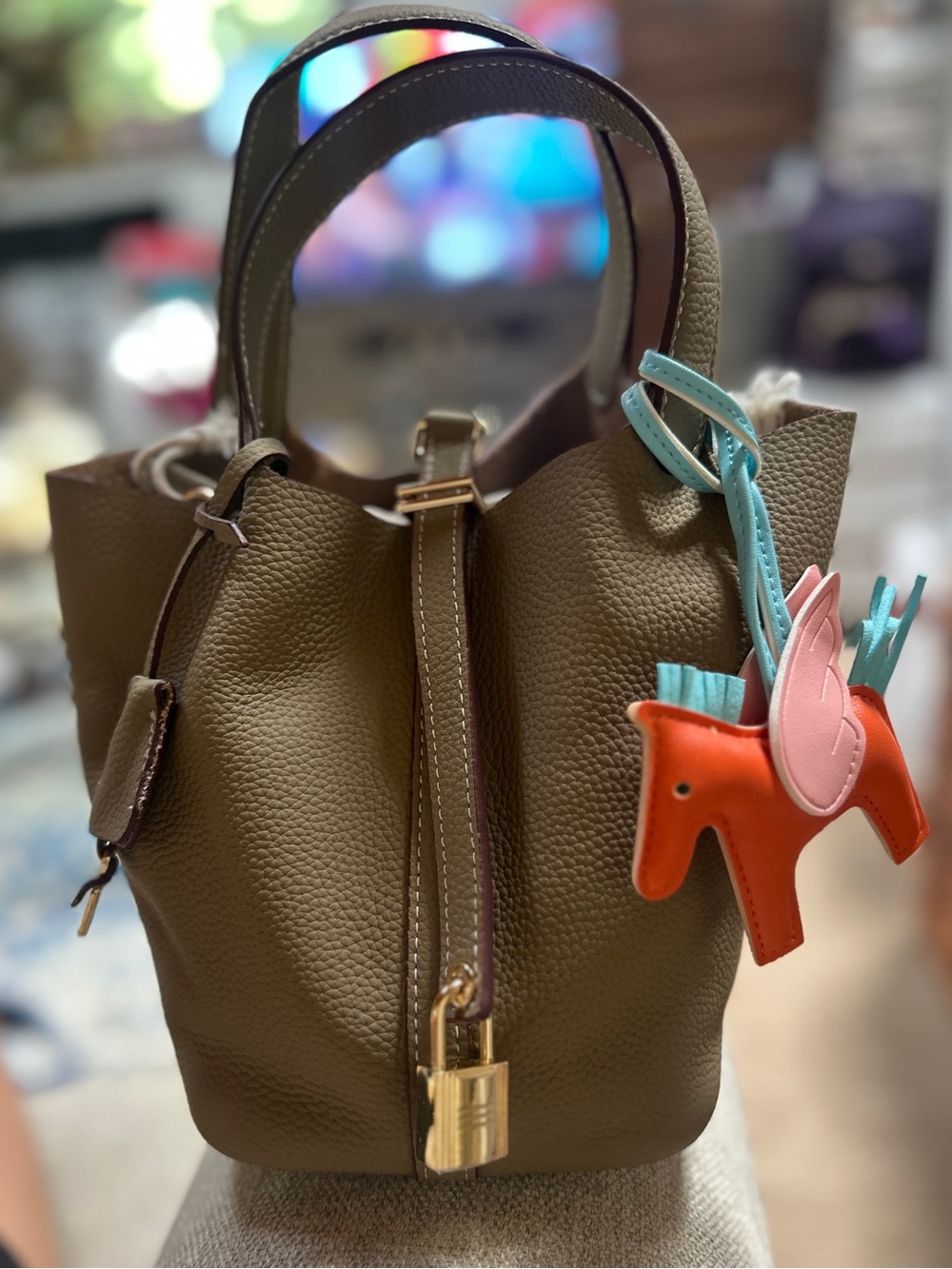 Gray picotin resembling leather bag with Inside liner and 3 horse charms